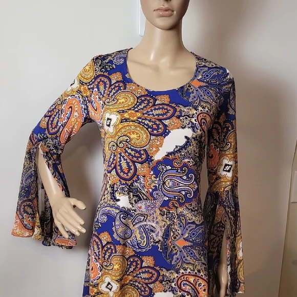 MSK Women's Paisley Mini Dress - Blue, Orange, Yellow - Picture 5 of 13